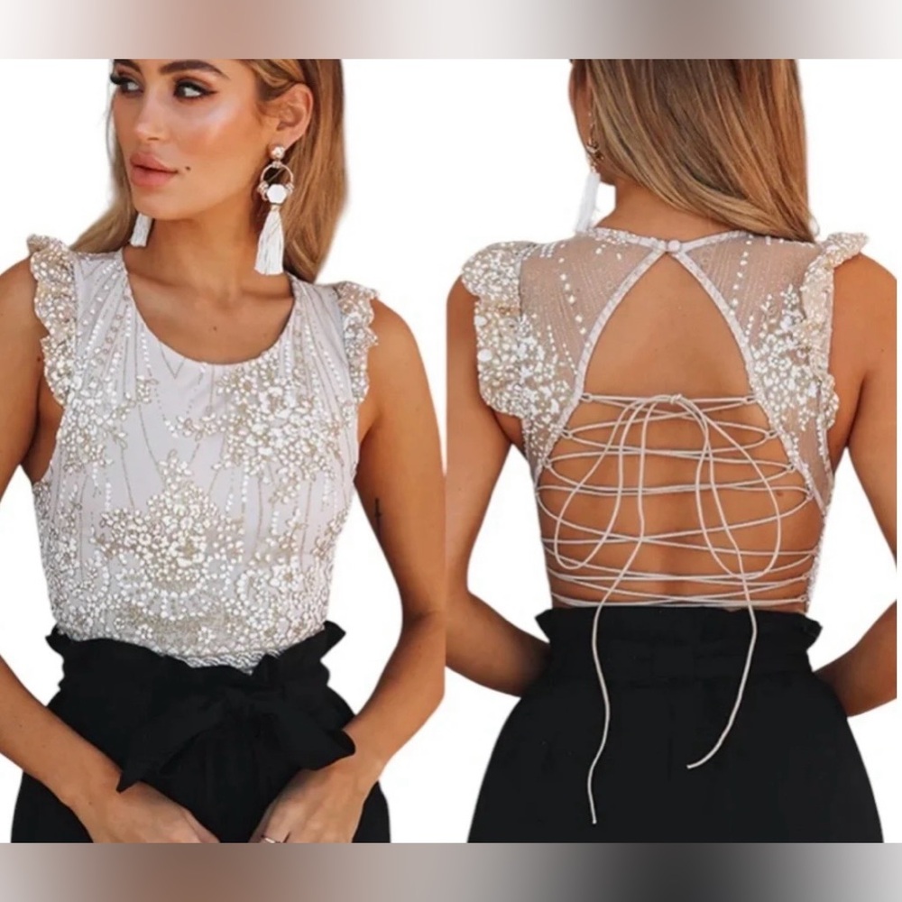 Hello Molly champagne colored body suit with gold and white glitter and sequins